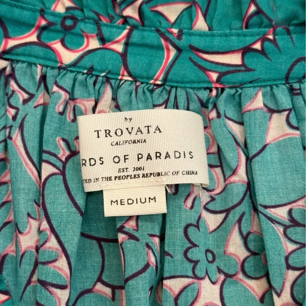 Birds of Paradis by Trovata Clover Top Thicket Blue Teal Cotton Womens Size M - Picture 6 of 9